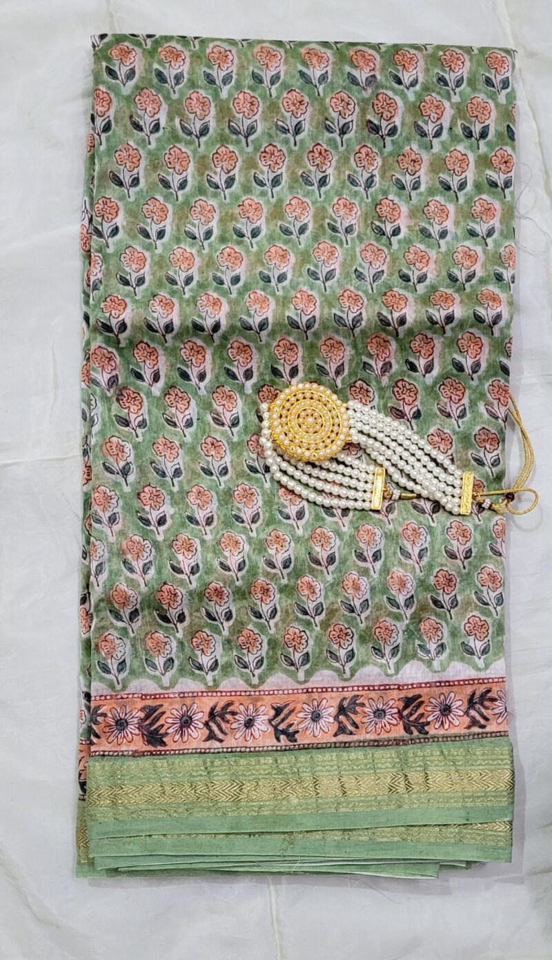 Bagru Handblock Pure Maheswari Silk Saree - Mint Bloom - Image 2
