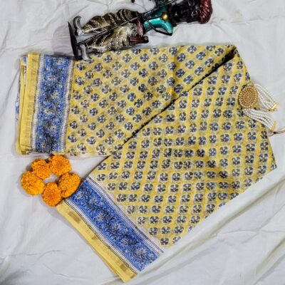 Bagru Handblock Pure Chanderi Saree - Lemon Zest
