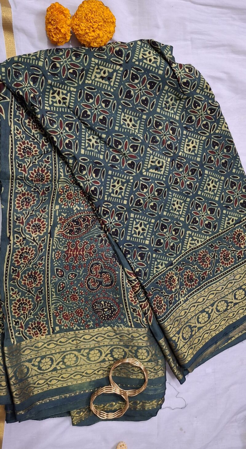 Exclusive Ajrakh Dola Silk Saree with Tissue Zari Pallu - Image 2