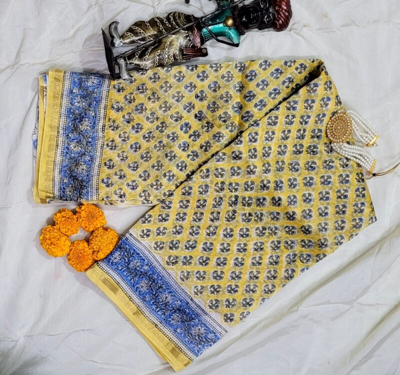 Bagru Handblock Pure Chanderi Saree - Lemon Zest