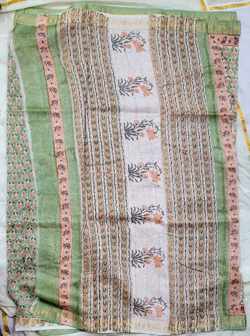 Bagru Handblock Pure Maheswari Silk Saree - Mint Bloom - Image 3