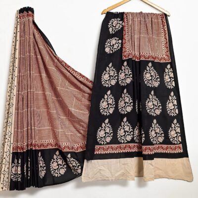 Midnight Bloom Hand-Block Cotton Saree