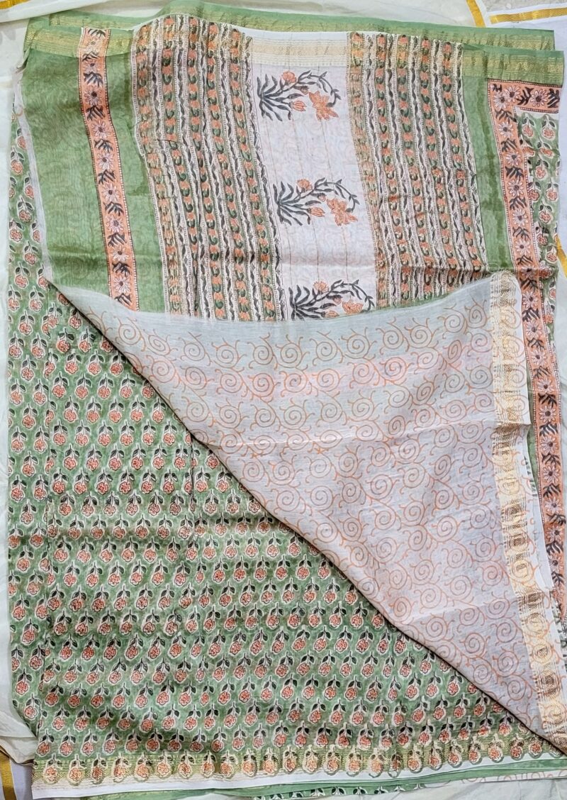 Bagru Handblock Pure Maheswari Silk Saree - Mint Bloom - Image 4