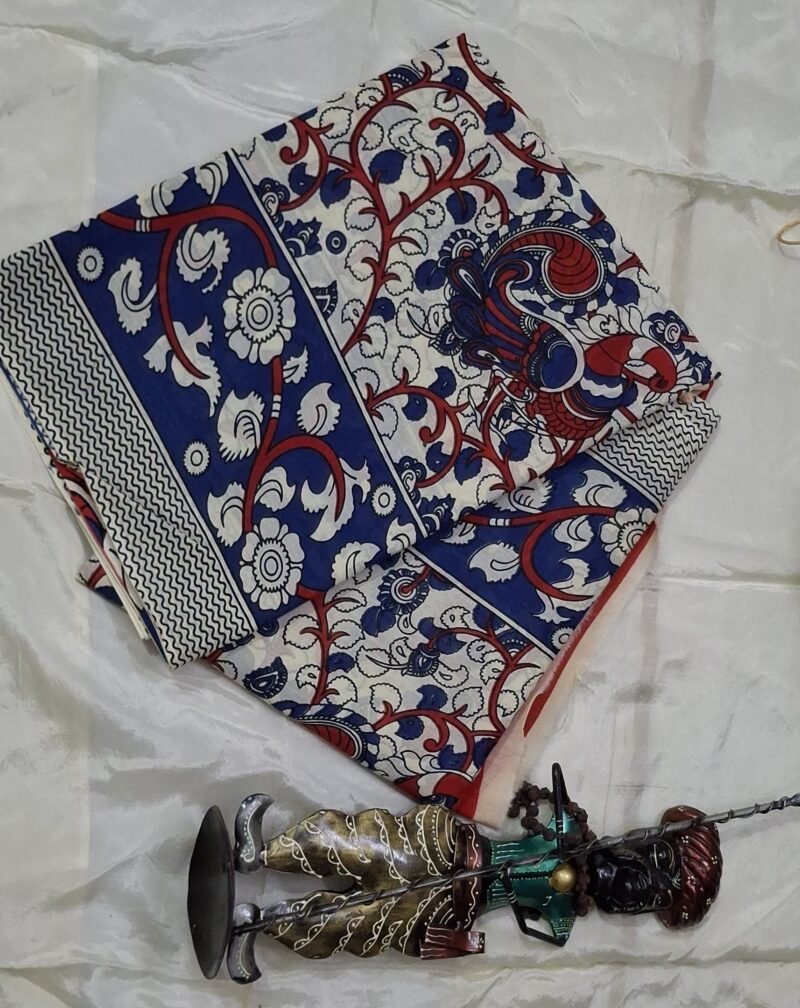 Pure Mulmul Saree in Royal Indigo Kalamkari - Image 3