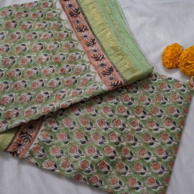 Bagru Handblock Pure Maheswari Silk Saree - Mint Bloom