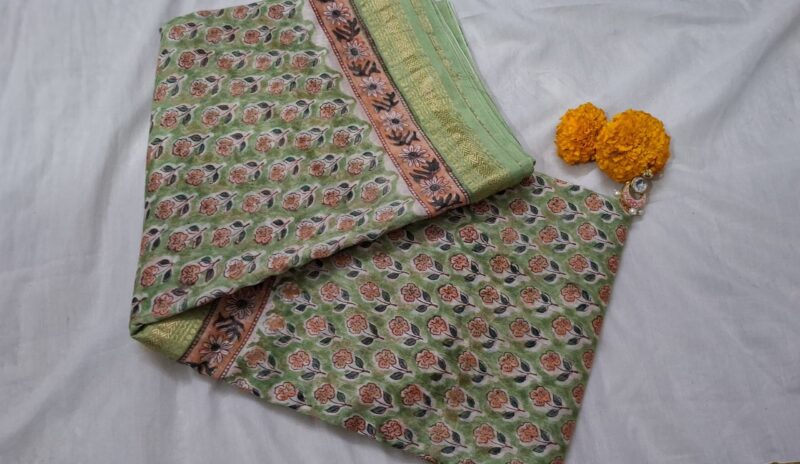 Bagru Handblock Pure Maheswari Silk Saree - Mint Bloom