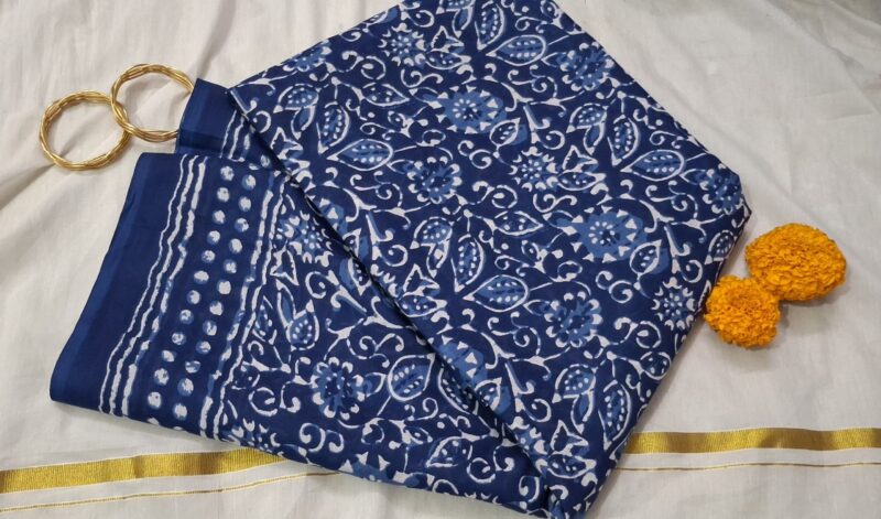 Pure Mulmul Saree in Indigo Bloom - Image 3