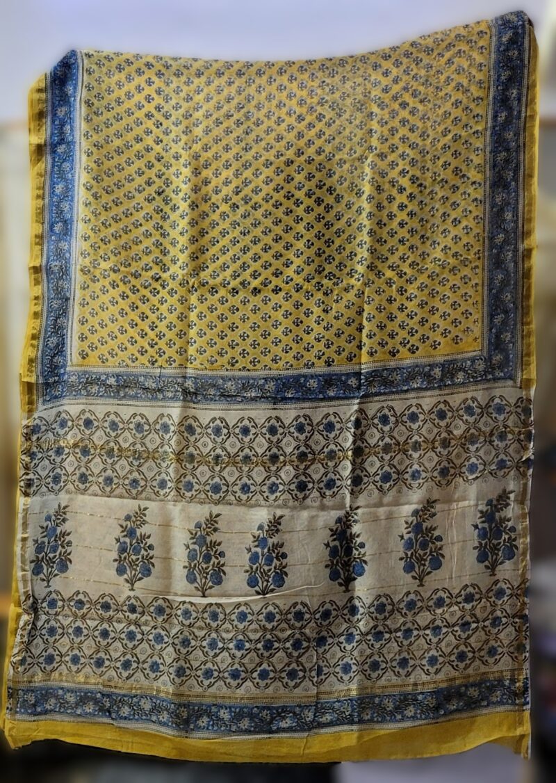 Bagru Handblock Pure Chanderi Saree - Lemon Zest - Image 4
