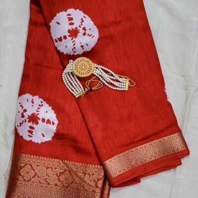Classic Red Pure Moss Mellow Georgette Saree with Intricate Gold Zari Woven Border and White Bandhani Buttis