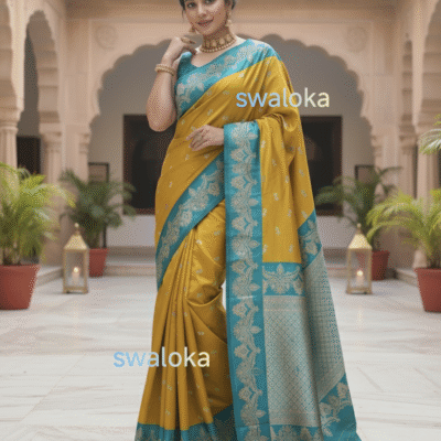 Golden Mustard Satin Silk Saree with Peacock Teal Zari Border – Swaloka Signature