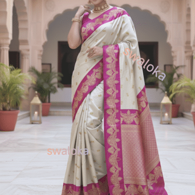 Ivory Cream & Royal Magenta Soft Satin Silk Saree – Swaloka Signature