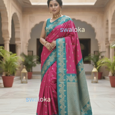 Fuchsia Pink & Peacock Teal Soft Satin Silk Saree – Swaloka Signature