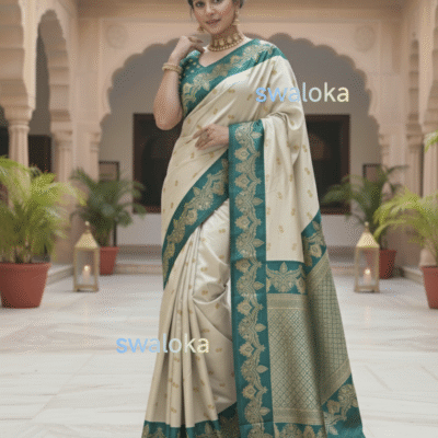 Ivory Cream & teal Soft Satin Silk Saree – Swaloka Signature Copy