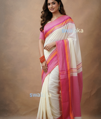 Swaloka Heritage Breeze Bengal Cotton Saree (White & Pink)