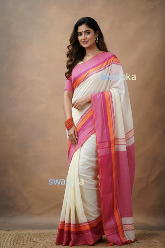 Swaloka Heritage Breeze Bengal Cotton Saree (White & Pink)