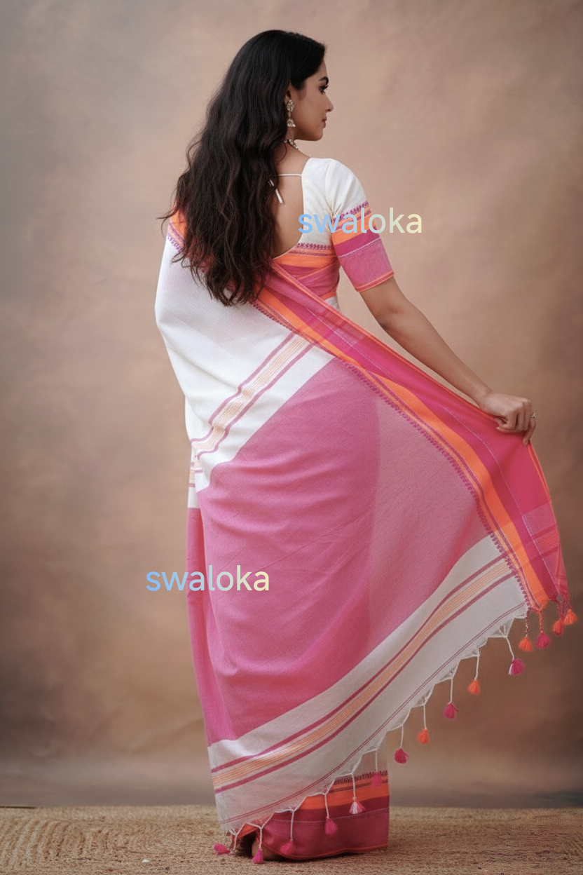 Swaloka Heritage Breeze Bengal Cotton Saree (White & Pink) - Image 3