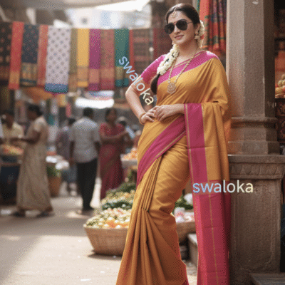 Pure Mysore Crepe Silk Saree (120–130 GSM) with Pure Silver Zari in Gold Finish – Mustard & Magenta | Swaloka Signature Collection.