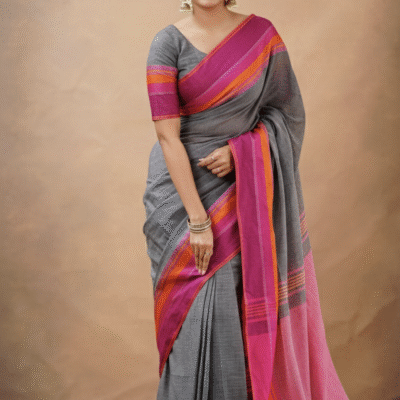 Swaloka Heritage Breeze Bengal Cotton Saree ( Gray & Pink)