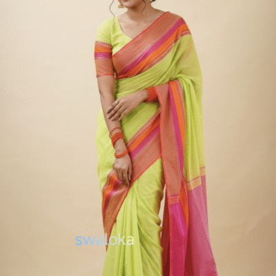 Swaloka Heritage Breeze Bengal Cotton Saree (Parrot green & Pink)