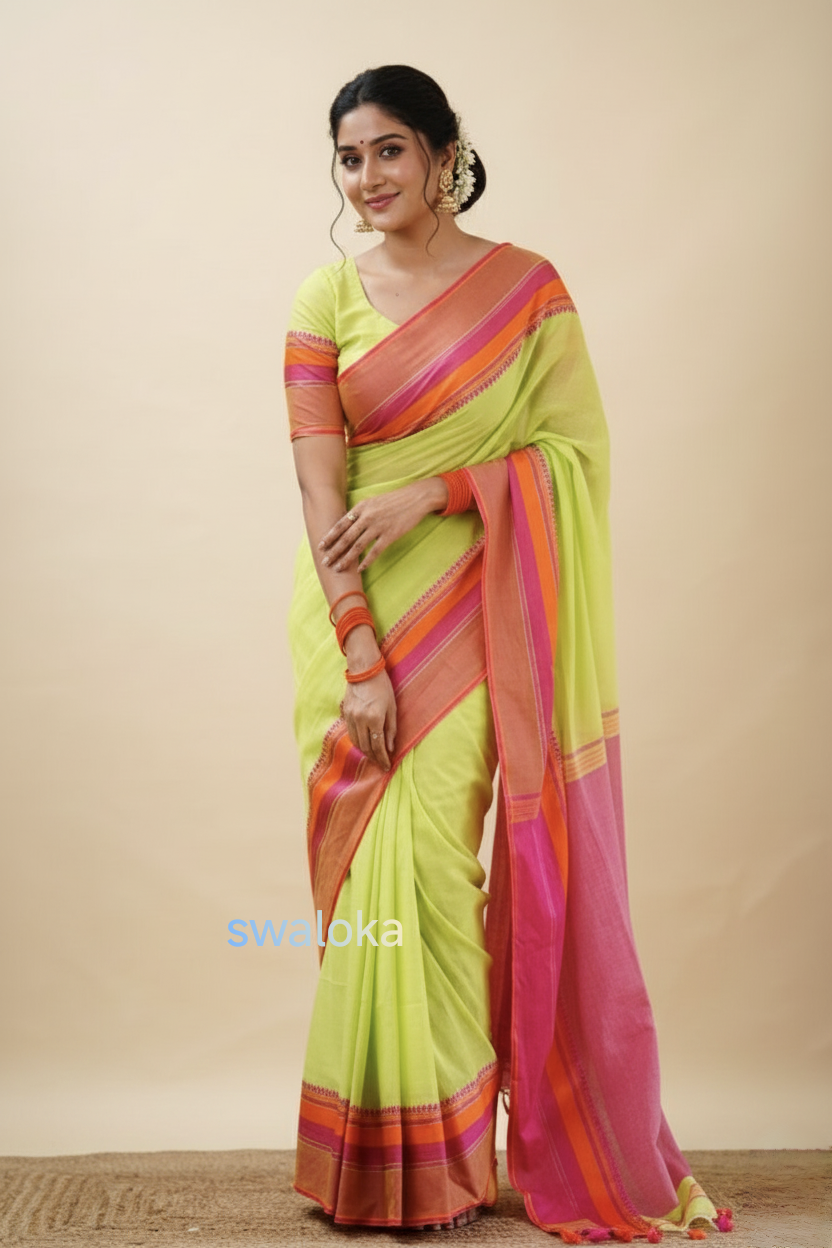 Swaloka Heritage Breeze Bengal Cotton Saree (Parrot green & Pink)