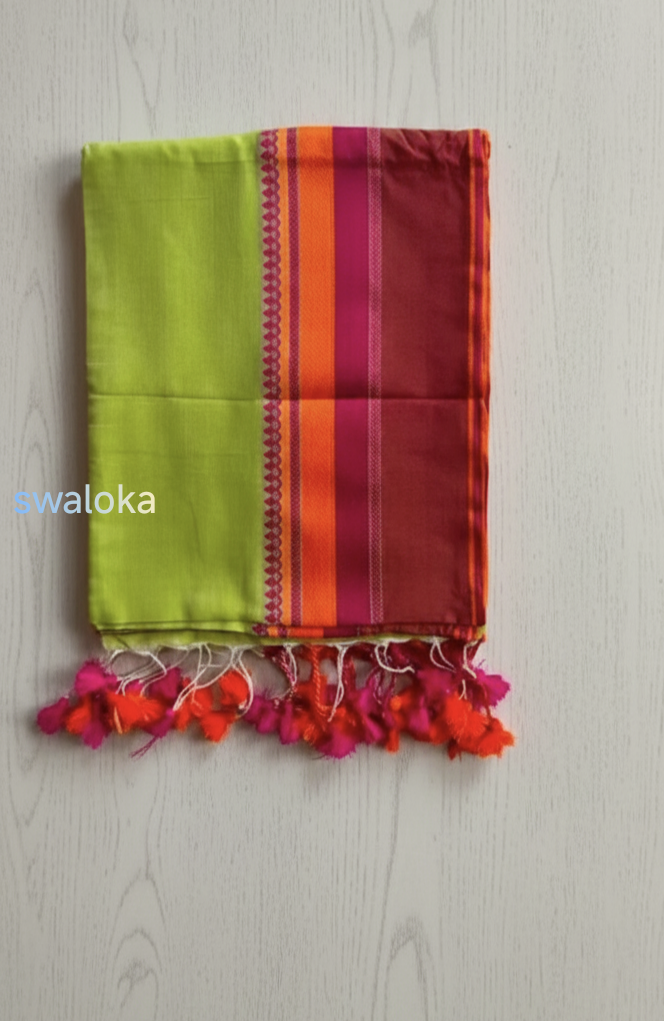 Swaloka Heritage Breeze Bengal Cotton Saree (Parrot green & Pink) - Image 4