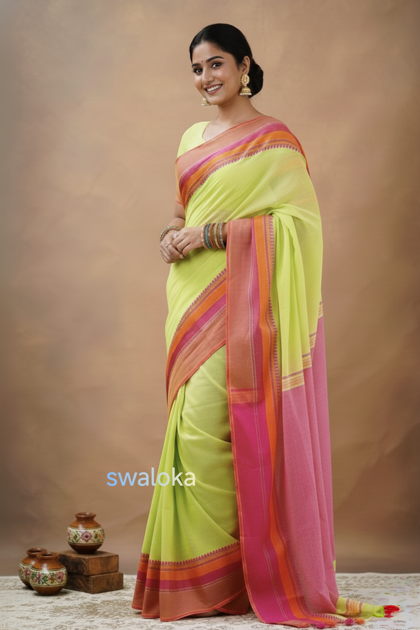 Swaloka Heritage Breeze Bengal Cotton Saree (Parrot green & Pink) - Image 8