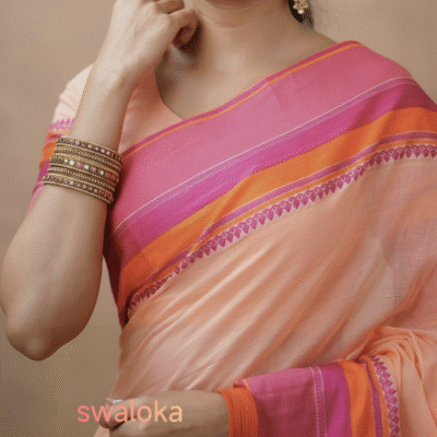 Swaloka Heritage Breeze Bengal Cotton Saree (peach & Pink)