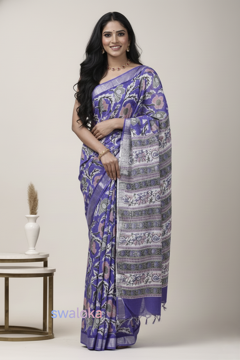 Lavender Chintz Pure Hand Block Linen Saree - natural dyes - Image 3