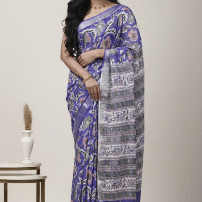 Lavender Chintz Pure Hand Block Linen Saree - natural dyes