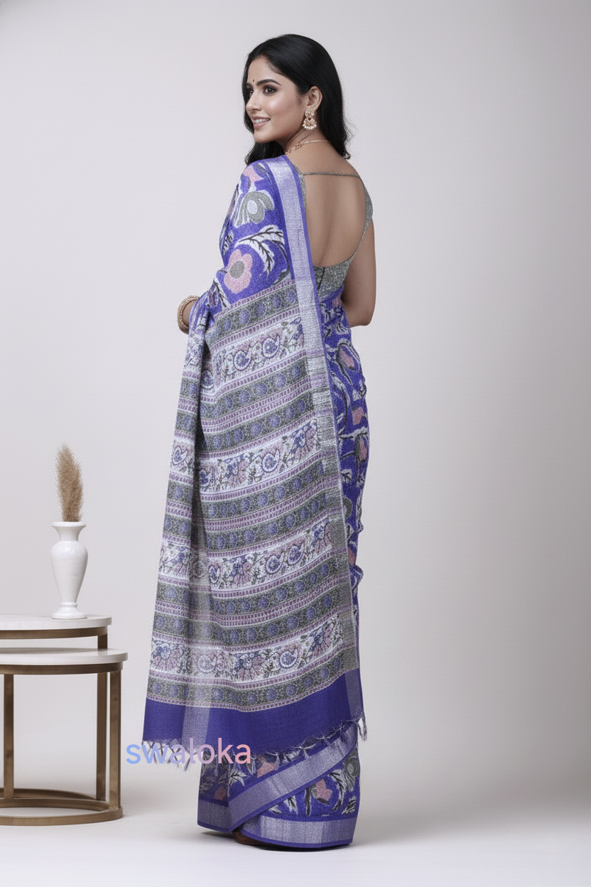Lavender Chintz Pure Hand Block Linen Saree - natural dyes - Image 2