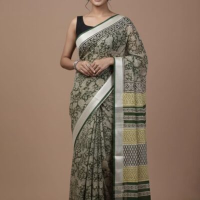 Green Pure Hand Block Linen Saree - natural dyes