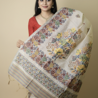 Exclusive Beige Swaloka Semi Tussar Saree with Intricate Multicolor Floral Woven Design