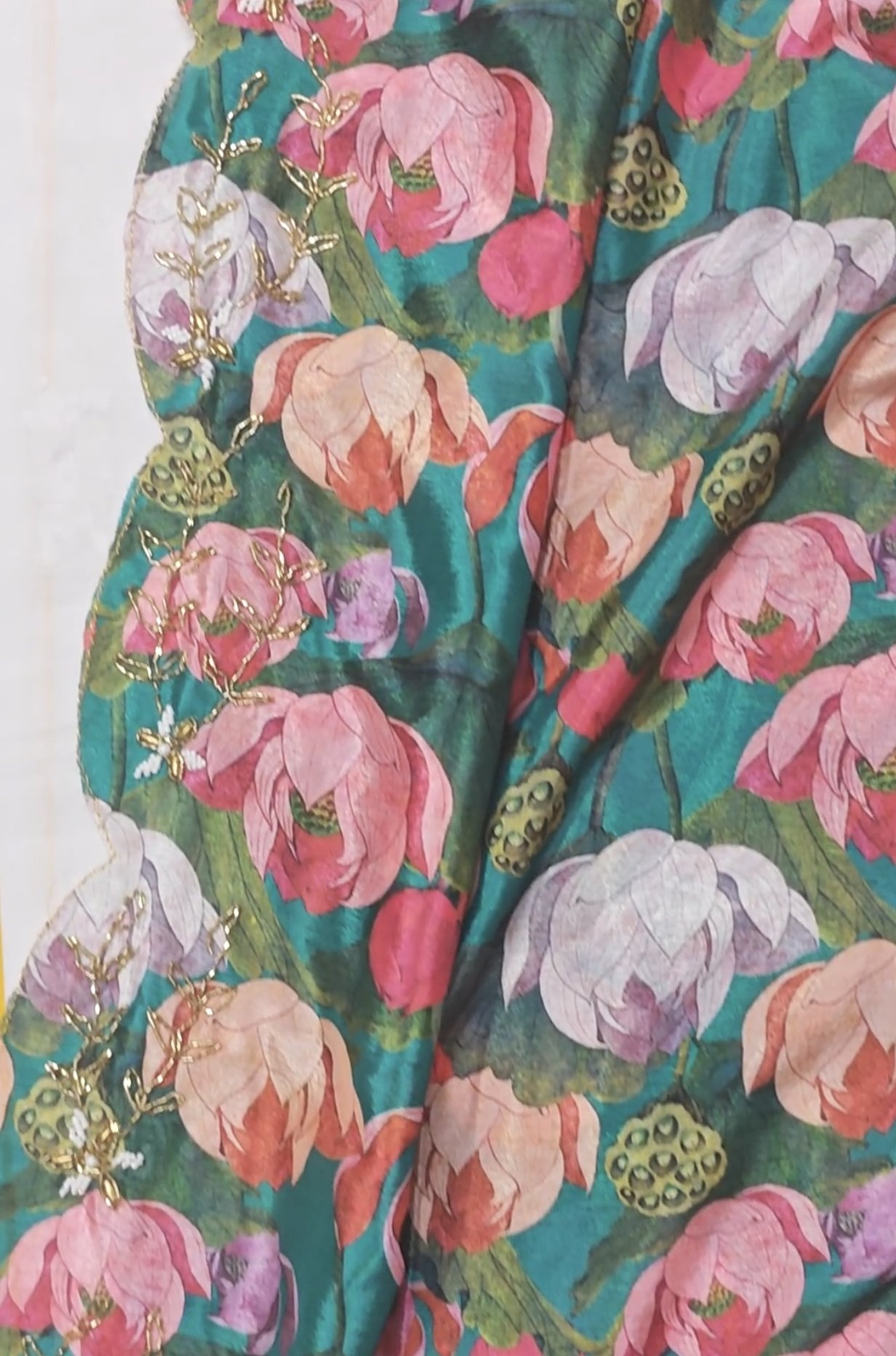 Hand-Embroidered Floral Chinnon Silk Saree with Artisan Manual Work - Image 5