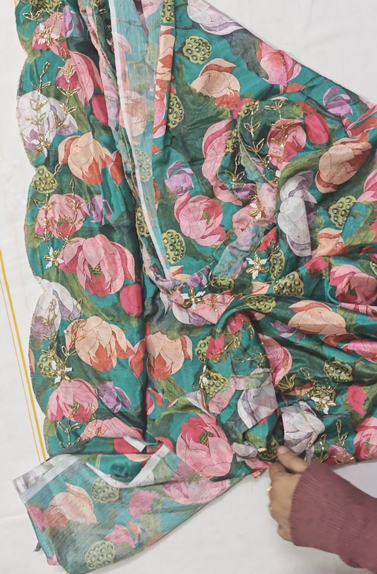 Hand-Embroidered Floral Chinnon Silk Saree with Artisan Manual Work - Image 8