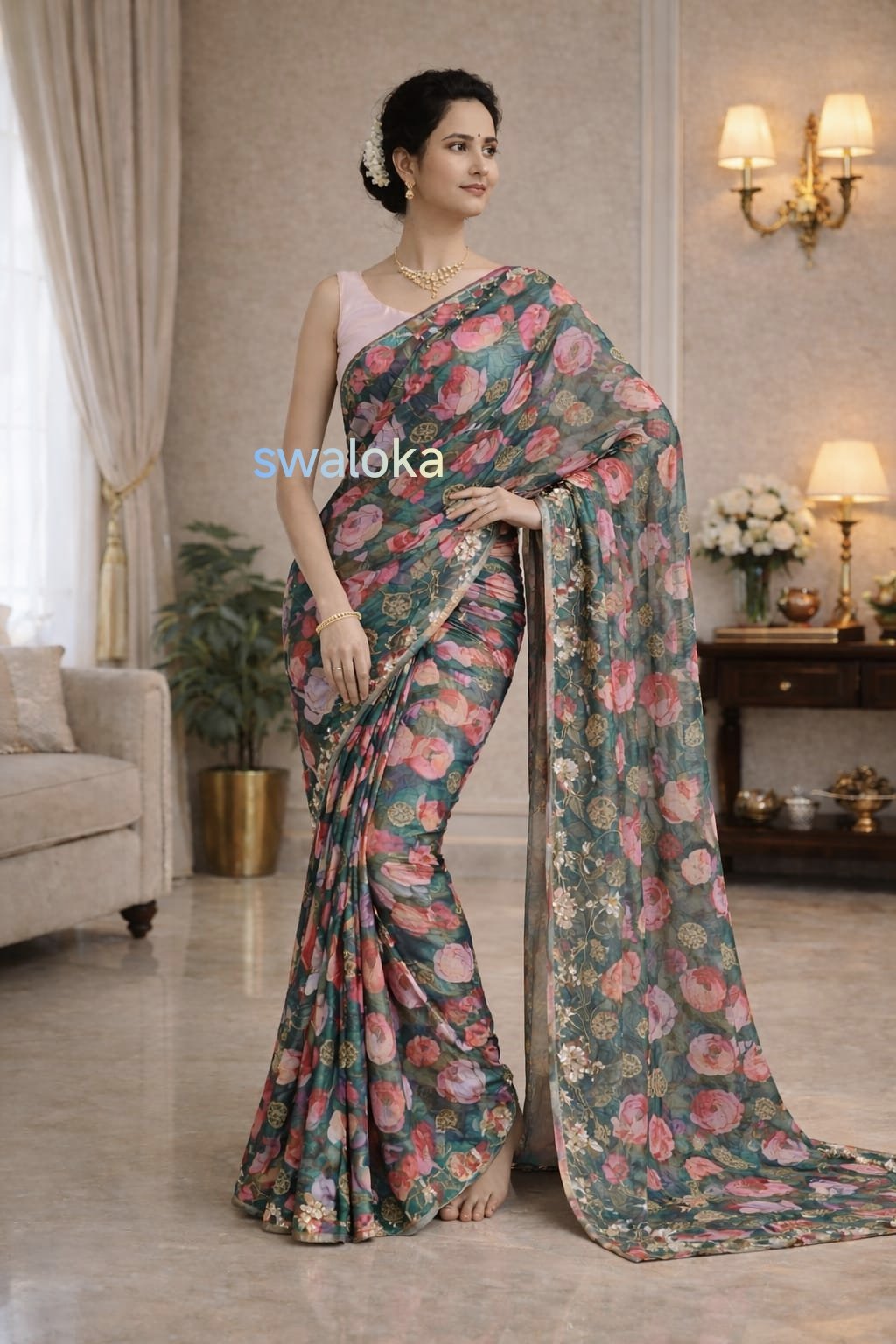 Hand-Embroidered Floral Chinnon Silk Saree with Artisan Manual Work - Image 2