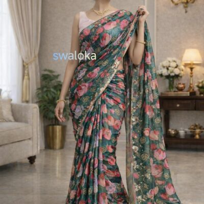 Hand-Embroidered Floral Chinnon Silk Saree with Artisan Manual Work