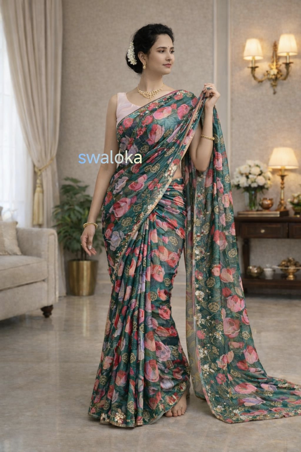 Hand-Embroidered Floral Chinnon Silk Saree with Artisan Manual Work