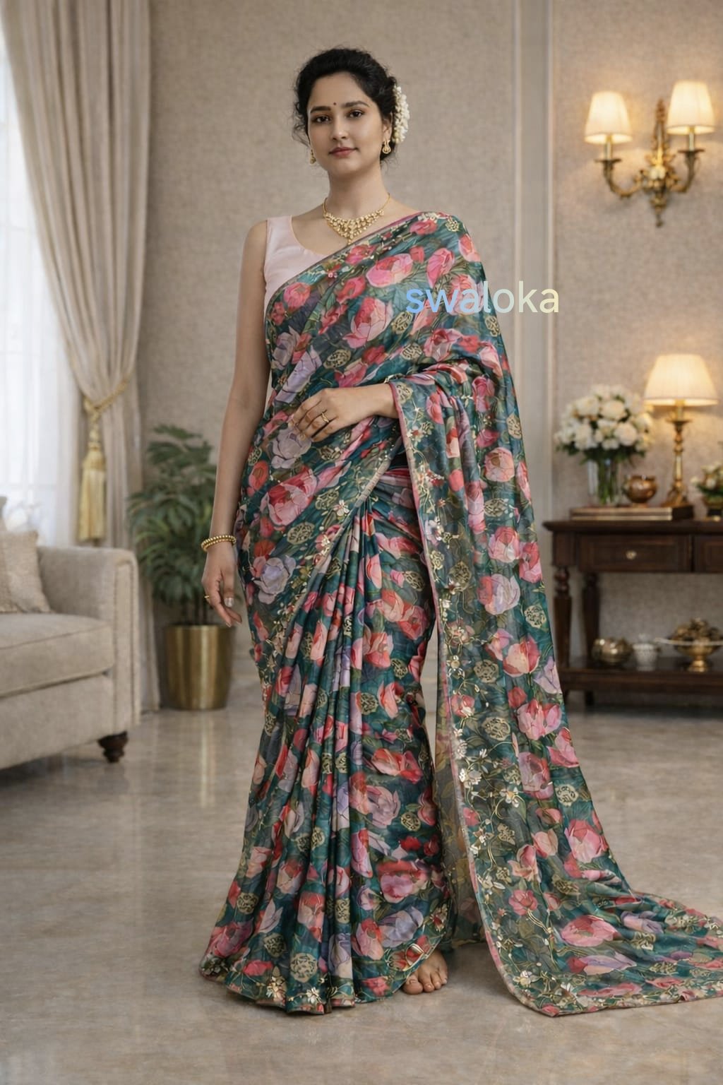 Hand-Embroidered Floral Chinnon Silk Saree with Artisan Manual Work - Image 3
