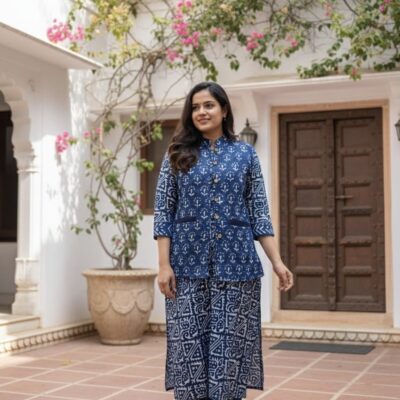 Jaipur Handcrafted Bagru & Dabu Print Cotton Kurti Pant Set with Jacket – Indigo Blue