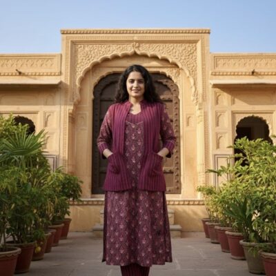 Jaipur Handcrafted Bagru & Dabu Print Cotton Kurti Pant Set with Jacket – Maroon Wine