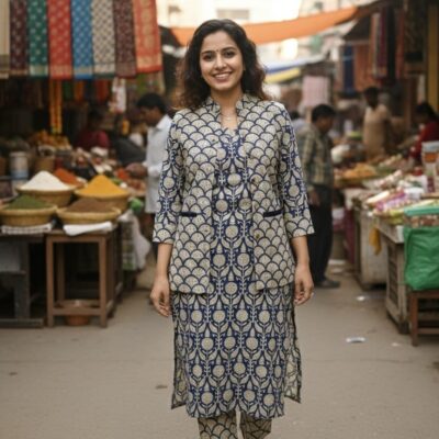 Jaipur Handcrafted Bagru & Dabu Print Cotton Kurti Pant Set with Jacket – Indigo & Ivory