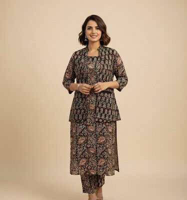 Jaipur Handcrafted Bagru & Dabu Print Cotton Kurti Pant Set with Jacket – Earthy Brown & Black