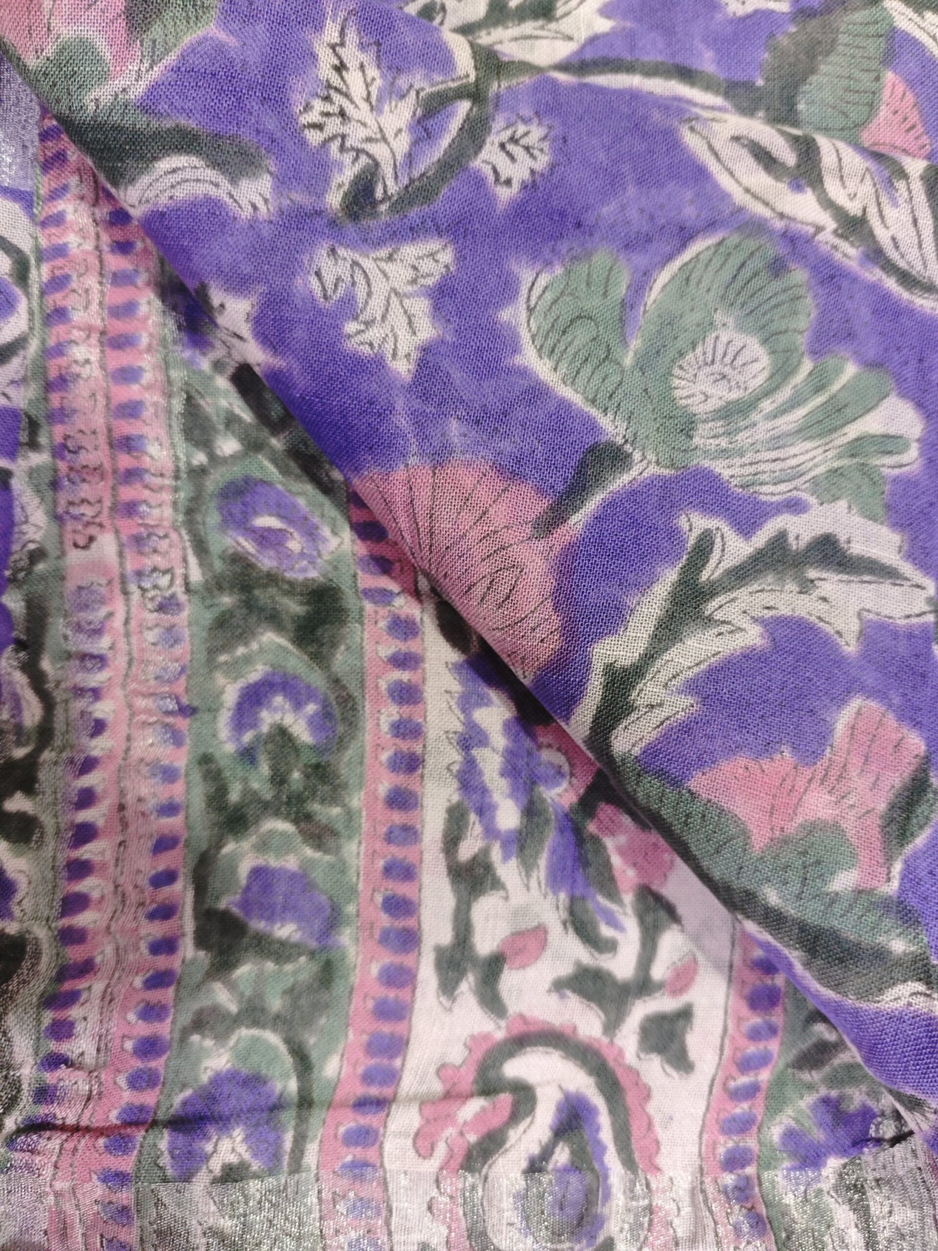 Lavender Chintz Pure Hand Block Linen Saree - natural dyes - Image 7