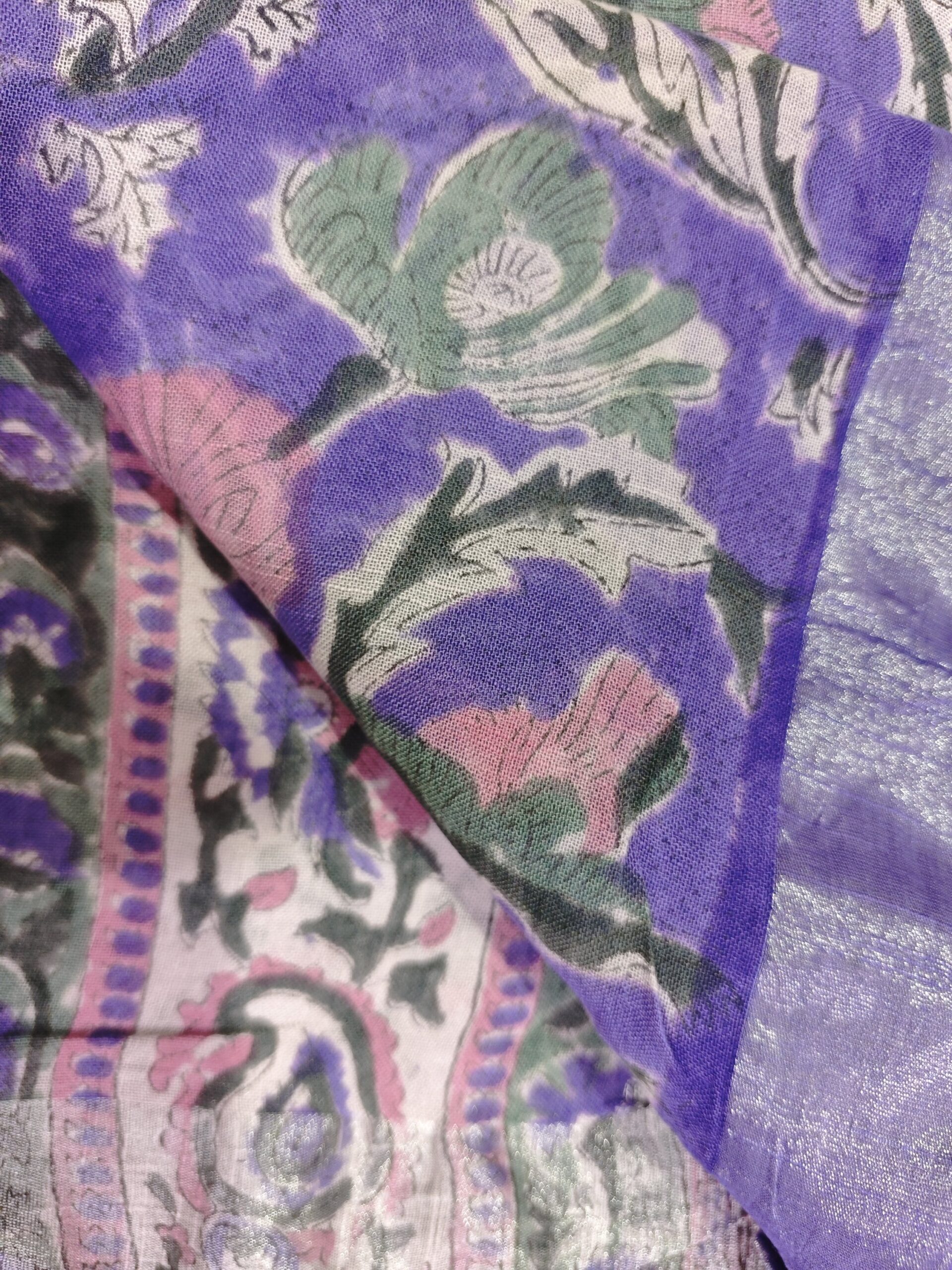 Lavender Chintz Pure Hand Block Linen Saree - natural dyes - Image 5