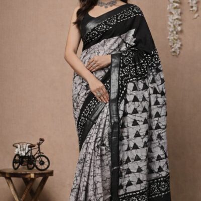 Smokey Black Bagru Linen Saree – Hand Block Printed with Natural Dyes