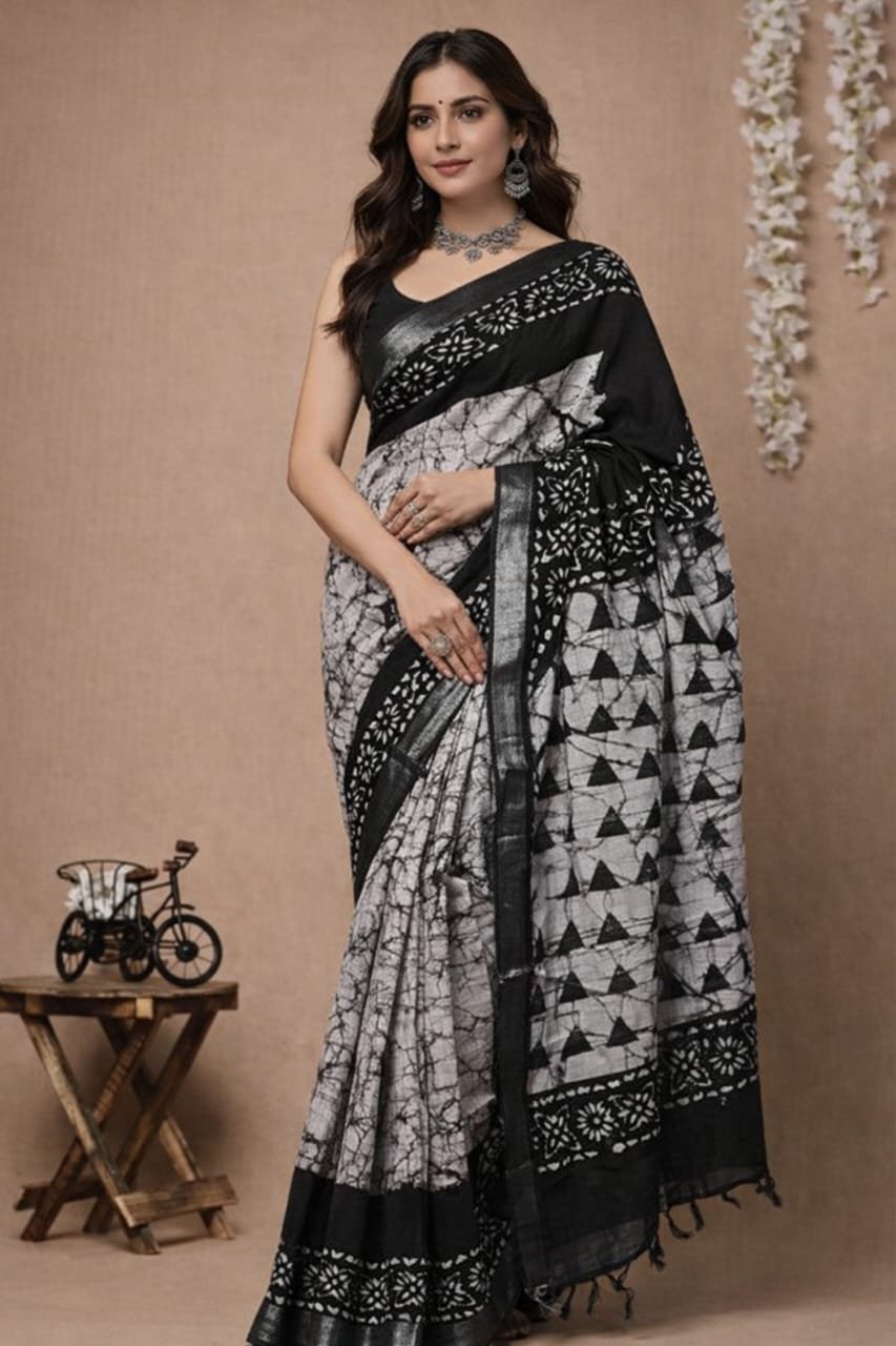 Smokey Black Bagru Linen Saree – Hand Block Printed with Natural Dyes