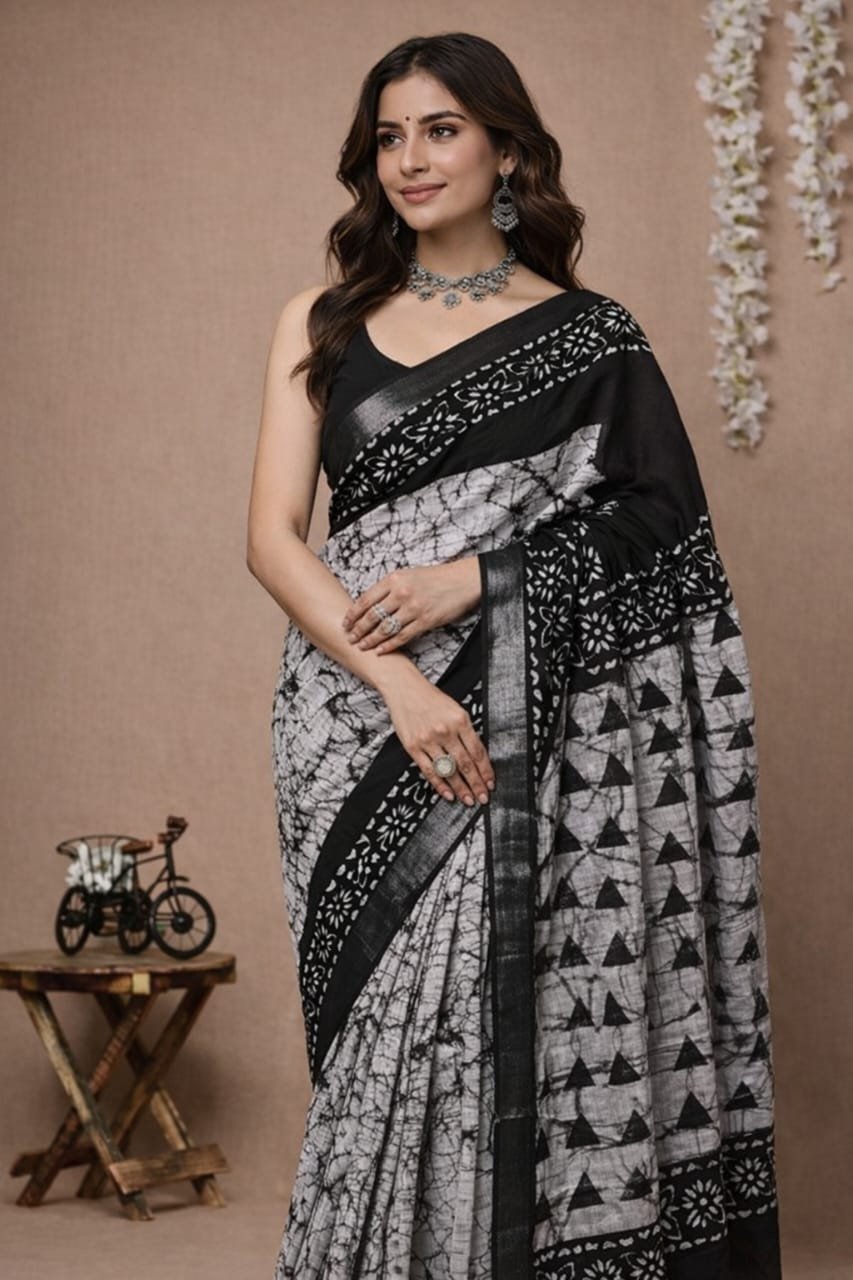 Smokey Black Bagru Linen Saree – Hand Block Printed with Natural Dyes - Image 2