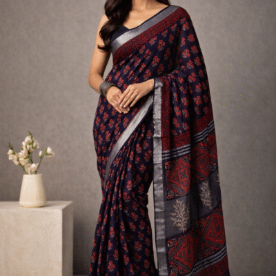 Crimson on Cobalt Dabu Hand Block Printed Bagru Linen Saree – Natural Dyes