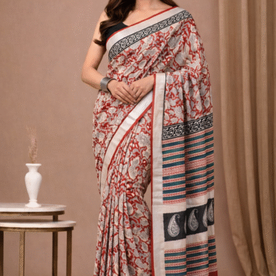 Ivory Bagru Natural Dye Linen Saree with Traditional Motifs
