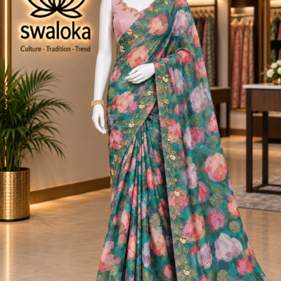 Hand-Embroidered Floral Chinnon Silk Saree with Artisan Manual Work